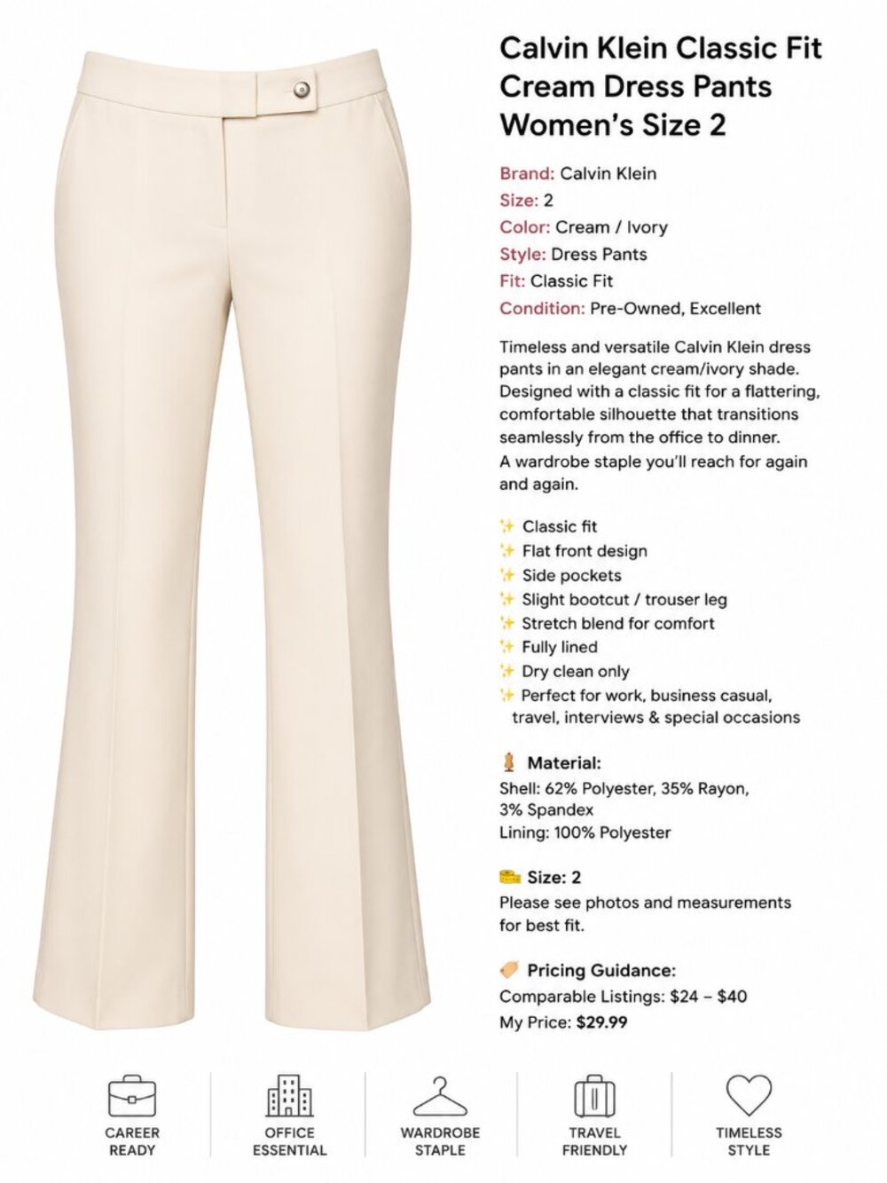 Calvin Klein White Classic Fit Dress Pants Size 2 Career Office Quiet Luxury